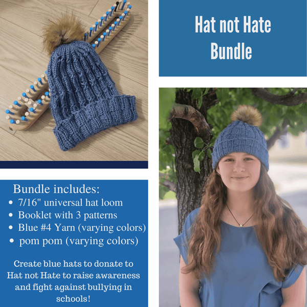 Hat Not Hate Bundle: 5/8 Universal Hat Loom (1x1 Blue +Tan) Blue Yarn  Pom Pom - Main Image