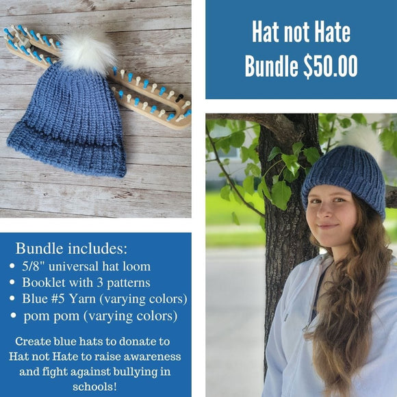 CinDWood Crafts Bundle Hat Not Hate Bundle: 5/8 Universal Hat Loom (1x1 Blue +Tan) + Blue Yarn + Pom Pom Loom + ePattern Bundle