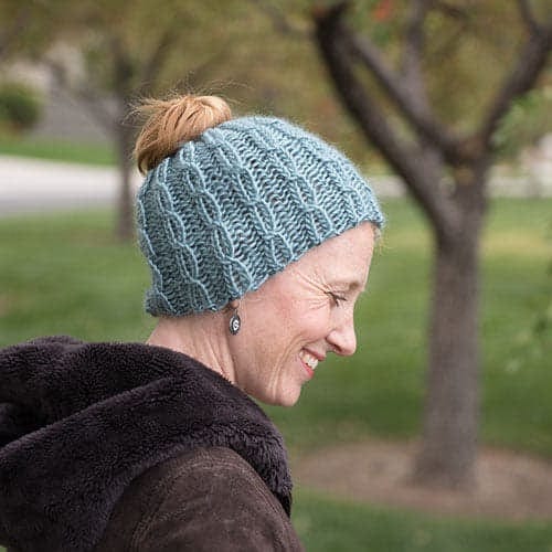 Women's Chunky Cable Knit Ponytail Beanie Hat - Messy Bun Winter Cap With Visor By Dukars